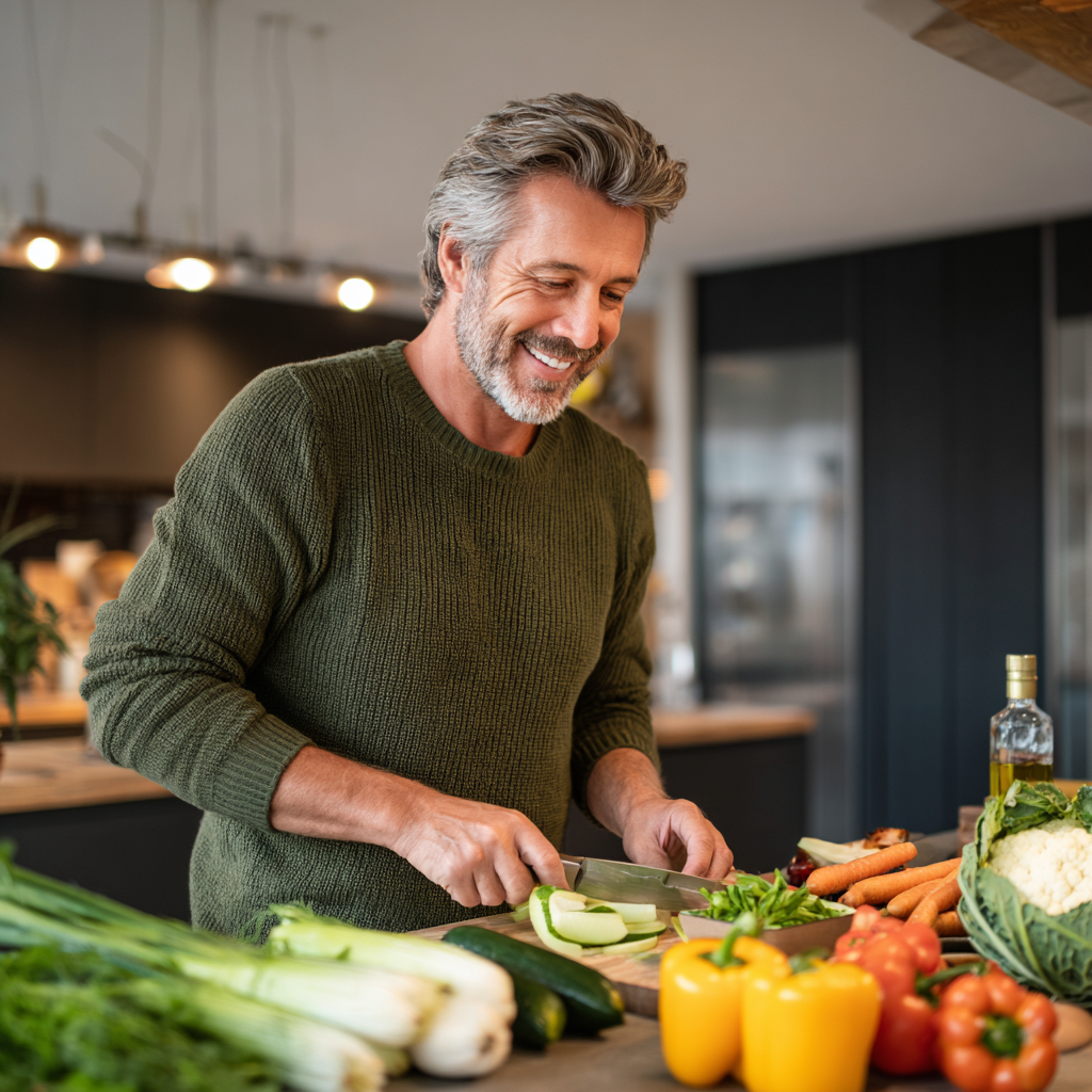 Handsome man in his mid-forties with gray hair wearing a casual green sweater, preparing fresh vegetables in a bright modern kitchen, smiling as he follows a healthy meal plan recipe