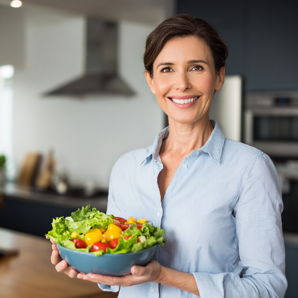 Professional woman in her forties wearing a light blue shirt, smiling confidently while holding a colorful salad bowl in a modern kitchen setting, representing healthy meal planning for active adults
